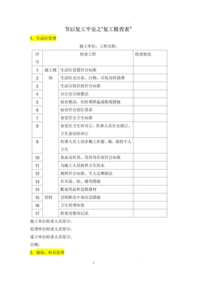 节后复工安全之复工安全检查表