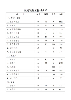 家庭装修工程报价单