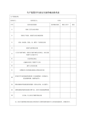 生产装置开车前安全条件确认检查表