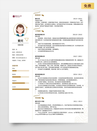 销售经理双页中文黄色简历模板