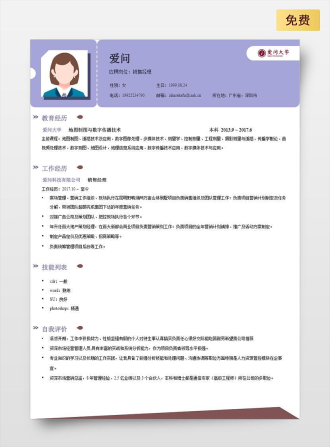 销售经理单页中文蓝色简历模板