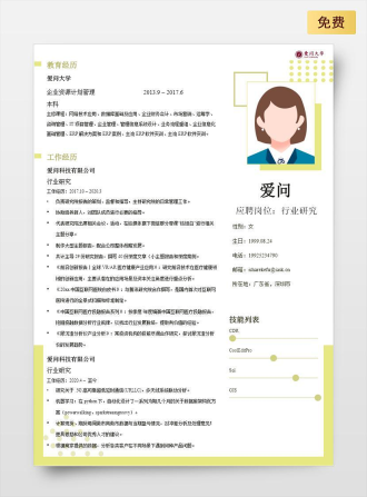 行业研究单页中文黄色简历模板