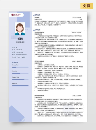 区域销售经理双页中文蓝色简历模板