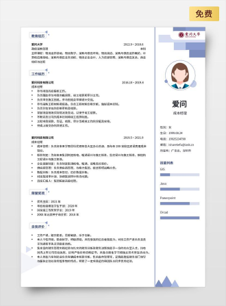 成本经理单页中文蓝色简历模板