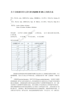 关于公称通径英寸,英尺和CM,MM和DN之间的关系