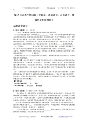 2012年高考生物试题分类解析：激素调节、水盐调节、体温调节和血糖调节