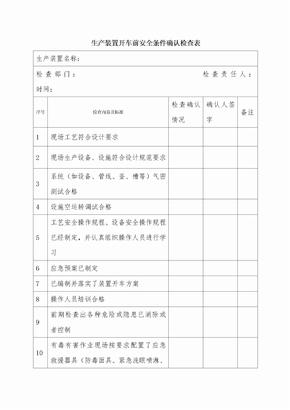 生产装置开车前安全条件确认检查表