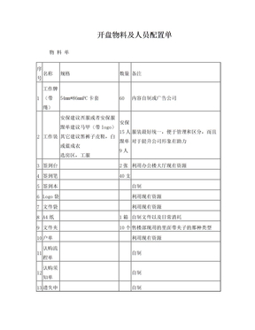 开盘物料及人员配置