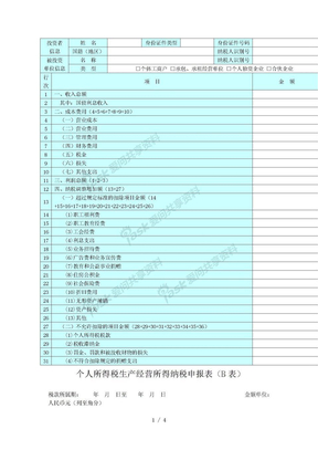 2019年个人所得税生产经营所得纳税申报表(B表)