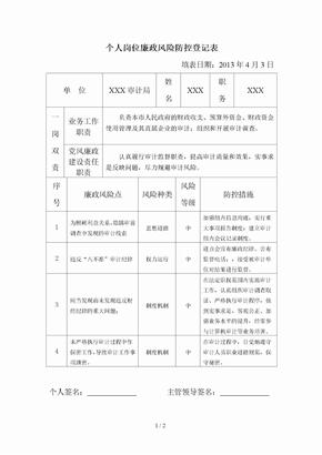 审计个人岗位廉政风险防控登记表