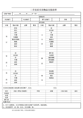 二手房屋买卖物品交接清单